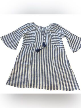 Blue Island  Blue and White Striped Tassel Tunic Dress Cover Up Large